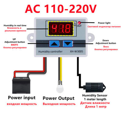 XH-W3005 DC 12V-220V 10A Controlador de humedad digital 0-99 Sistema de monitoreo de rango RH