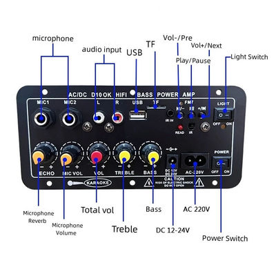 D10 12V 24V Subwoofer Amplificador de potencia digital Panel de audio inalámbrico estéreo BT 5.0 Dual micrófono Karaoke Amp Altavoz Acc