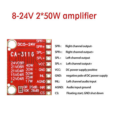 TPA3116 Módulo de amplificador 50W Panel de amplificador de potencia digital de doble canal con 8V ~ 24V DC y sin ruido POP