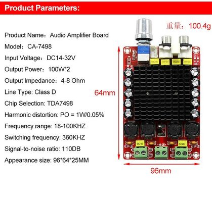 Placa amplificadora de audio de salida de doble canal de 100 W con entrada DC14-34 V y tecnología Clase D