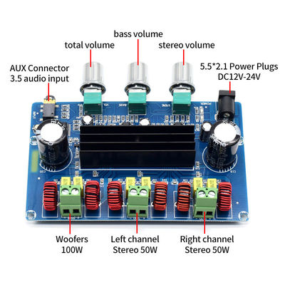 CA-3166B Tabla de amplificador de potencia digital DC12-24V 50Wx2+100W con módulo de audio Bluetooth 5.0 Clase D