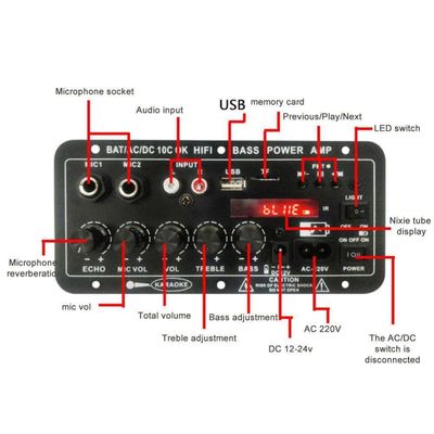 Amplificador de automóviles de 24V/220V Amplificador de audio mono con micrófono dual de 120W y Bluetooth para subwoofer y karaoke