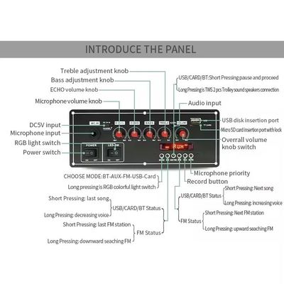 Función de grabadora de voz 2x20W 7.4V Micrófono inalámbrico con cable Portavoz de carrito de sonido Bt Decoder Amplificador de placa