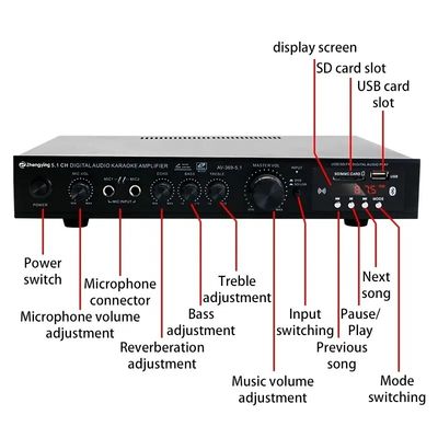 Placa amplificadora profesional para sistema de cine en casa KTV con 2 entradas de micrófono y mezclador estéreo LDZS de 5,1 canales