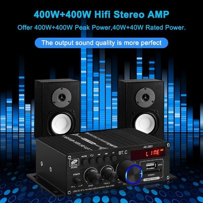 AK-380 Amplificador de energía de 400W con Bluetooth 5.0 y 2.0 CH HiFi Stereo para audio en el hogar