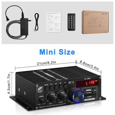 AK-380 Amplificador de energía de 400W con Bluetooth 5.0 y 2.0 CH HiFi Stereo para audio en el hogar