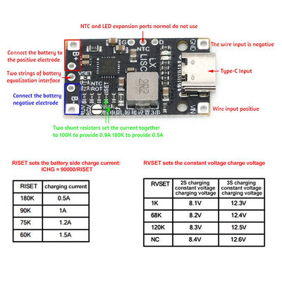 Tipo-C USB 2/3S BMS 15W 8.4V 12.6V 1.5A Batería de litio Modulo de carga de refuerzo con soporte equilibrado Carga rápida con indicador