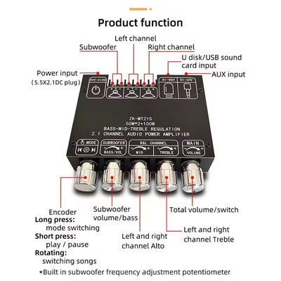 2.1 Subwoofer de canal AUX 12V 24V Audio Estéreo 5.1 Bajo Amplificador de potencia digital ZK-MT21S 2x50W 100W para adaptador de CC