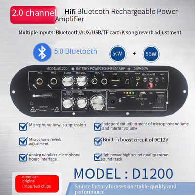 D1200 2.0 Canal 50W+50W BT Digital Amplifier Board 12V Recargable para uso en el coche en el hogar DJ