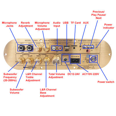Amplificador doméstico de alta potencia D900 2x50W+100W con placa Bluetooth IC importada 2,1 canales