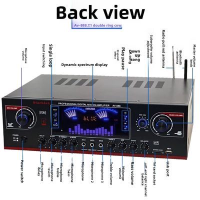 Amplificador de karaoke para cine en casa AV-888 de 7.1 canales y 2000W de alta potencia, altavoz de doble bucle y 12 tubos, fabricado en metal duradero
