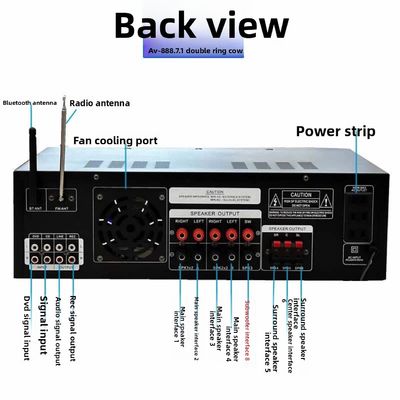 Amplificador de karaoke para cine en casa AV-888 de 7.1 canales y 2000W de alta potencia, altavoz de doble bucle y 12 tubos, fabricado en metal duradero