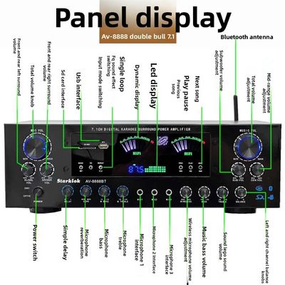 Amplificador de cine en casa profesional AV-8888BT de 7.1 canales y 2000W con potencia ultra alta, sistema de sonido envolvente KTV inalámbrico BT