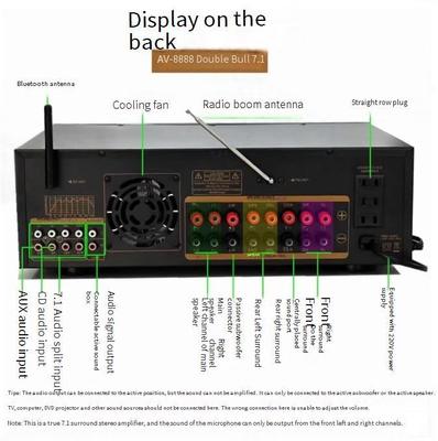 Amplificador de cine en casa profesional AV-8888BT de 7.1 canales y 2000W con potencia ultra alta, sistema de sonido envolvente KTV inalámbrico BT
