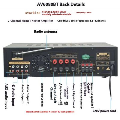 AV-6080BT Amplificador de 7 canales de impedancia fija de 1000W para el hogar y el automóvil, receptores de metal, reproductor inalámbrico BT, tarjeta SD y memoria flash USB, global