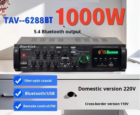 AV-6288BT 1000W 2*500W Amplificador de Karaoke de alta fidelidad de doble uso 12V/220V AC/DC BT Material de plástico inalámbrico
