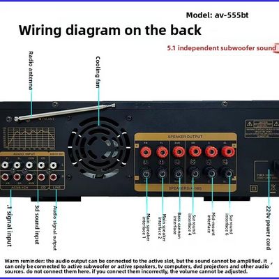 Amplificador de espectro dinámico profesional AV-555BT de 5.1 canales, subwoofer doméstico de alta potencia de 600W con construcción metálica