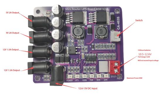 Placa de fuente de alimentación ininterrumpida para mini router CA-403S con salida de 40W, entrada de batería de 11.1V y protección contra cortocircuitos