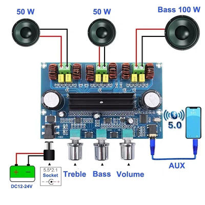CA-3166B Bluetooth 5.0 Amplificador 2 * 50W + 100W 2.1 Canal TPA3116D2 con fuente de alimentación DC12 ~ 24V